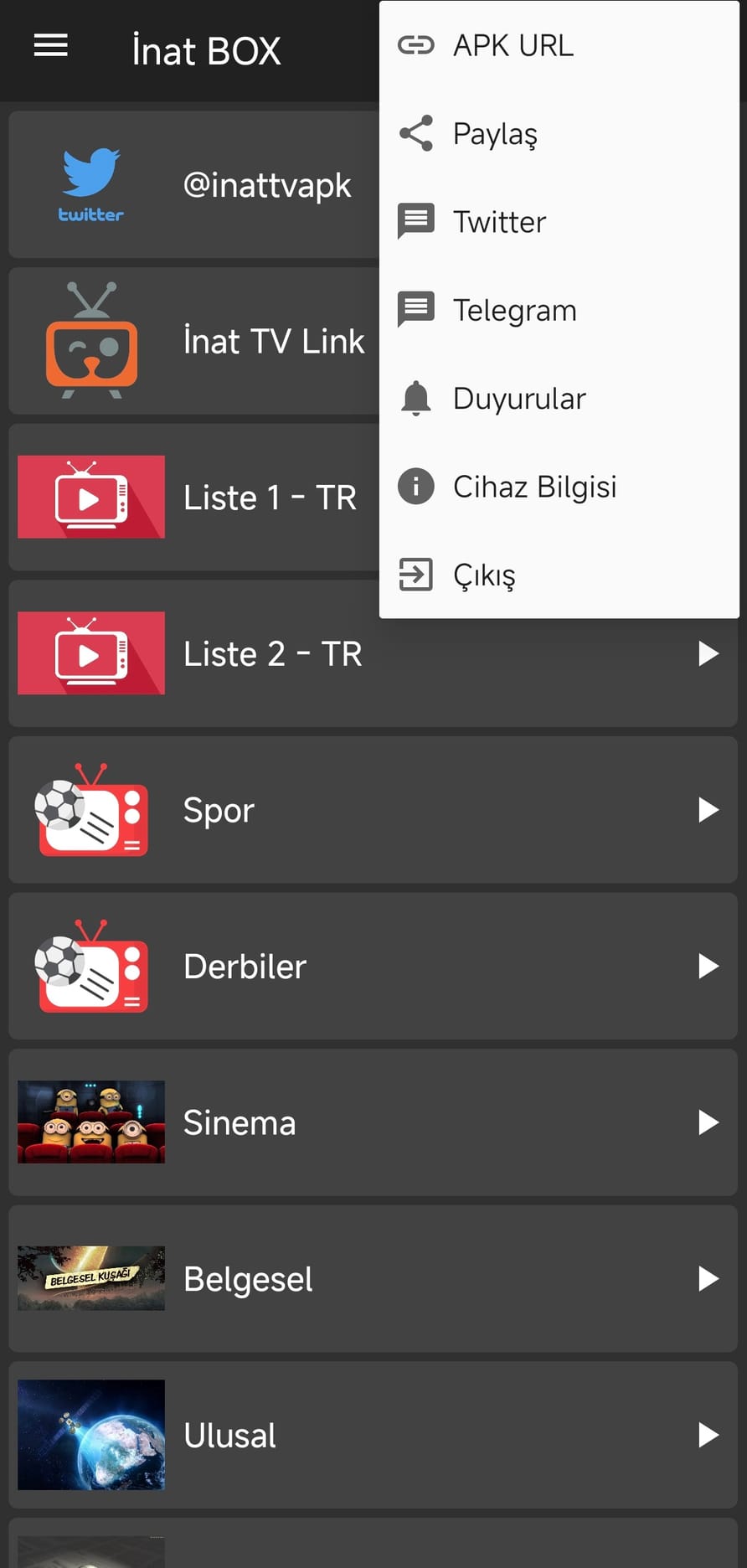 İnat BOX açılır hızlı menüsü