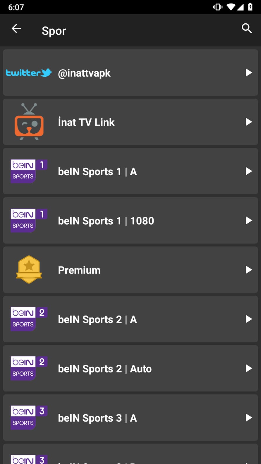İnat BOX spor listesinin tablet görünümü